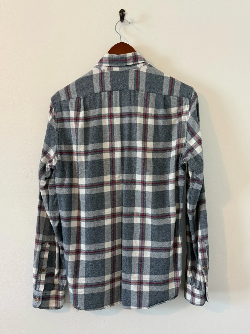 J. Crew Flannel Grey, White with Red Accents. Men’s Small